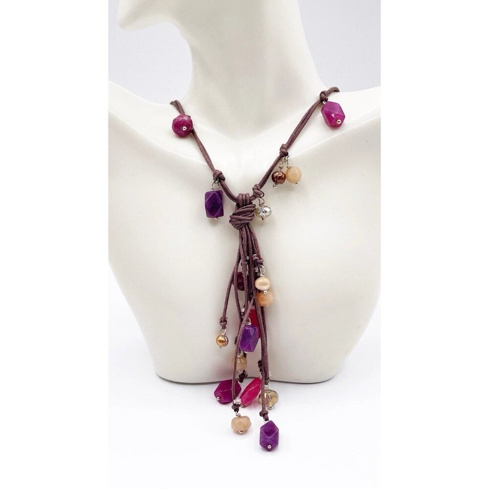 Boho Semi-Precious Gemstone Necklace on Brown Leather Cord Y-Drop Festival
